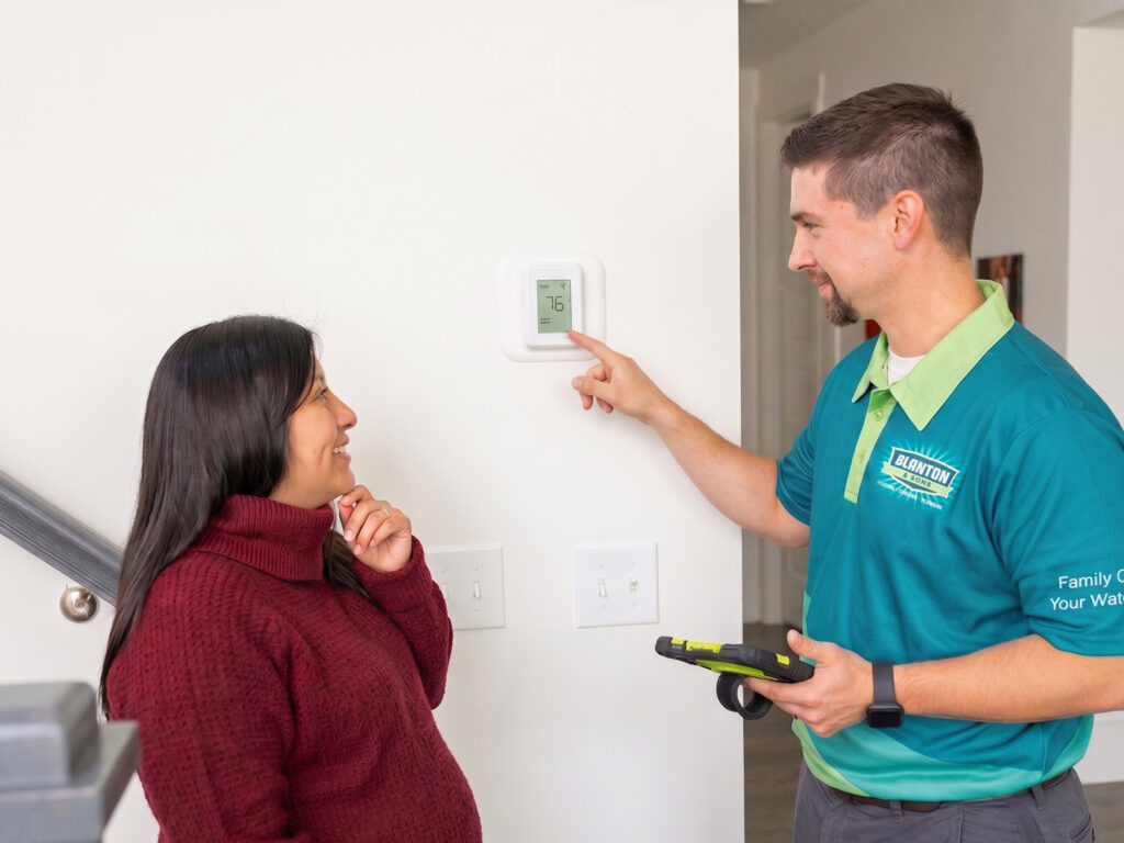 Blanton and sons hvac technician showing homeowner thermostat settings