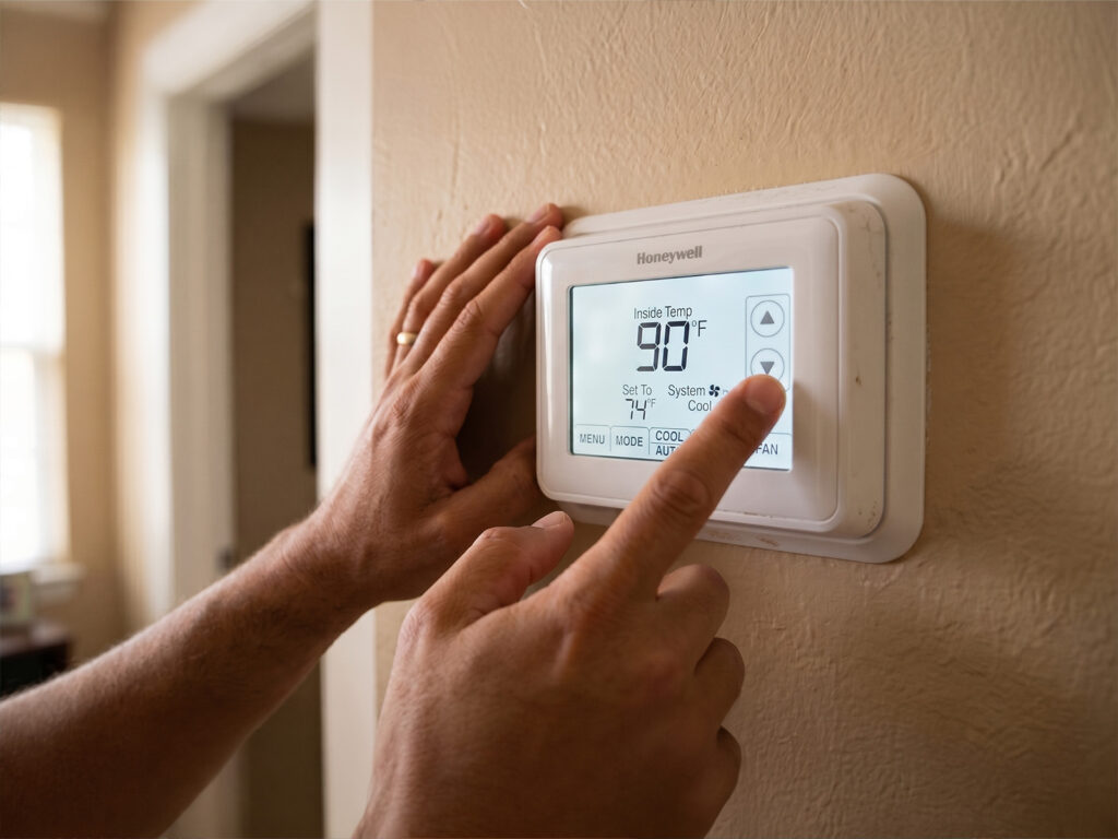 homeowner pressing buttons on a Honeywell digital thermostat showing an indoor temperature of 90°F set to cool to 74°F 