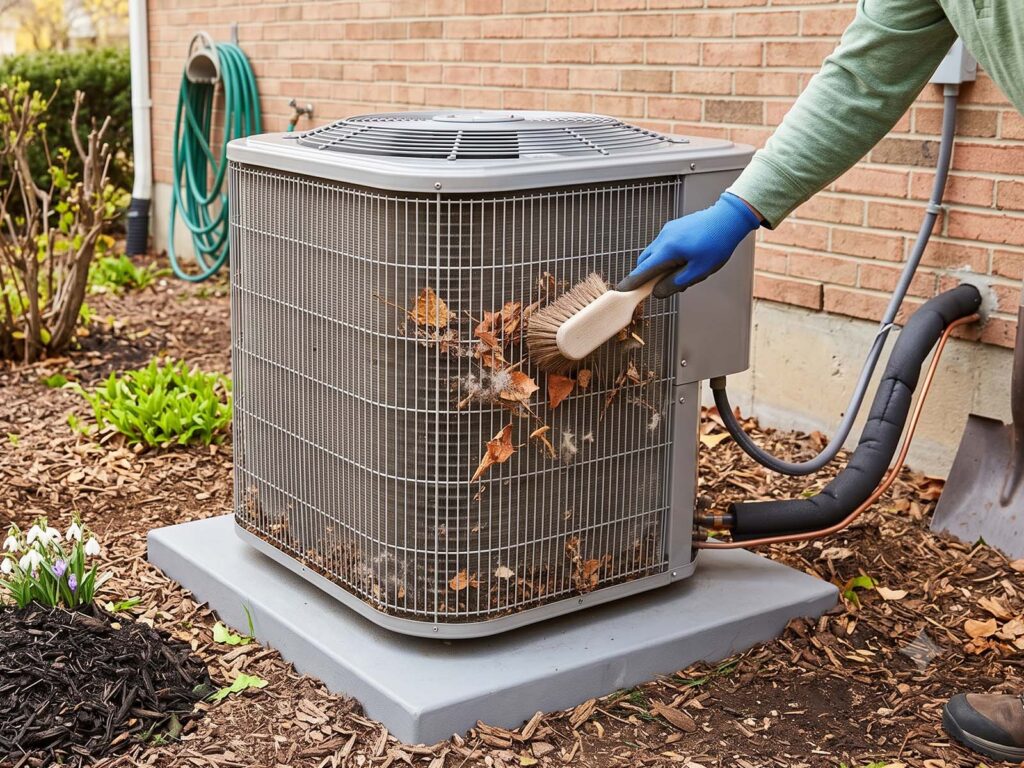 Homeowner wearing blue gloves brushing leaves and debris off a dirty outdoor AC condenser unit on a concrete pad beside a brick home during seasonal maintenance.