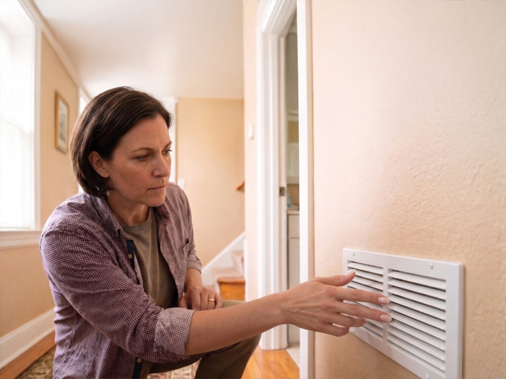 Homeowner checking airflow from a white wall air vent register in a home hallway