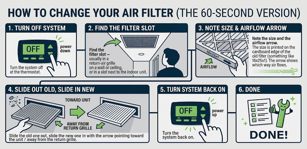 a six-step infographic walks through the 60-second process of changing a home air filter, from powering down the system to sliding in the new filter