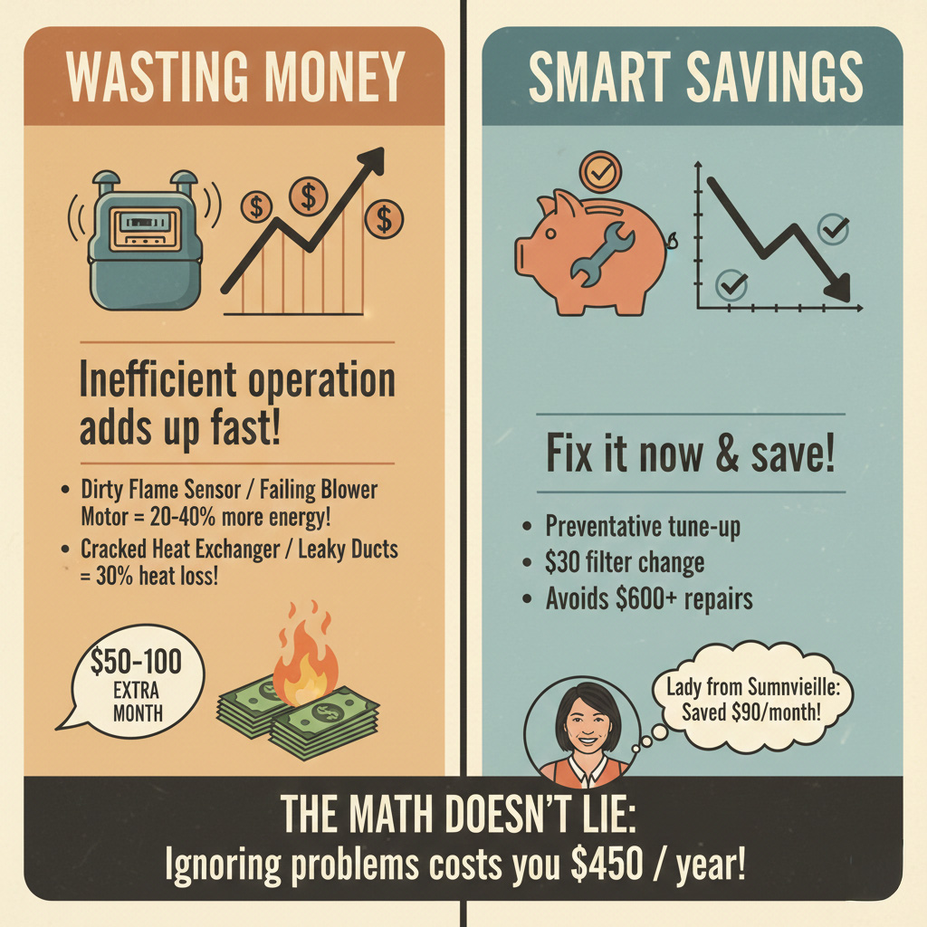 infographic comparing wasting money on inefficient operations versus smart savings through preventive maintenance