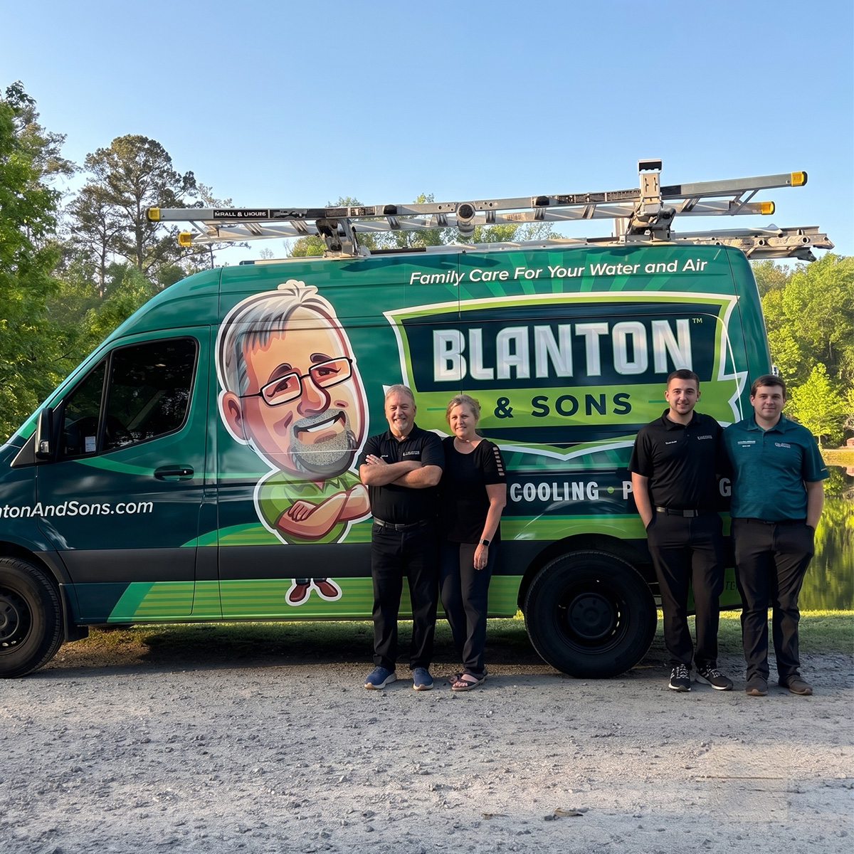 he blanton and sons family and team pose together in front of their branded service van, home of family care for your water and air